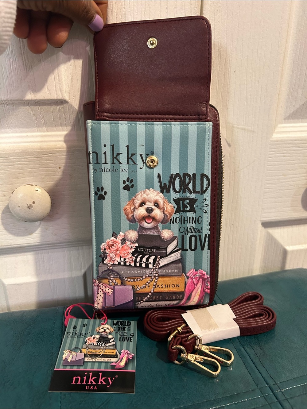 Maroon & Teal Dog Print Crossbody Wallet
